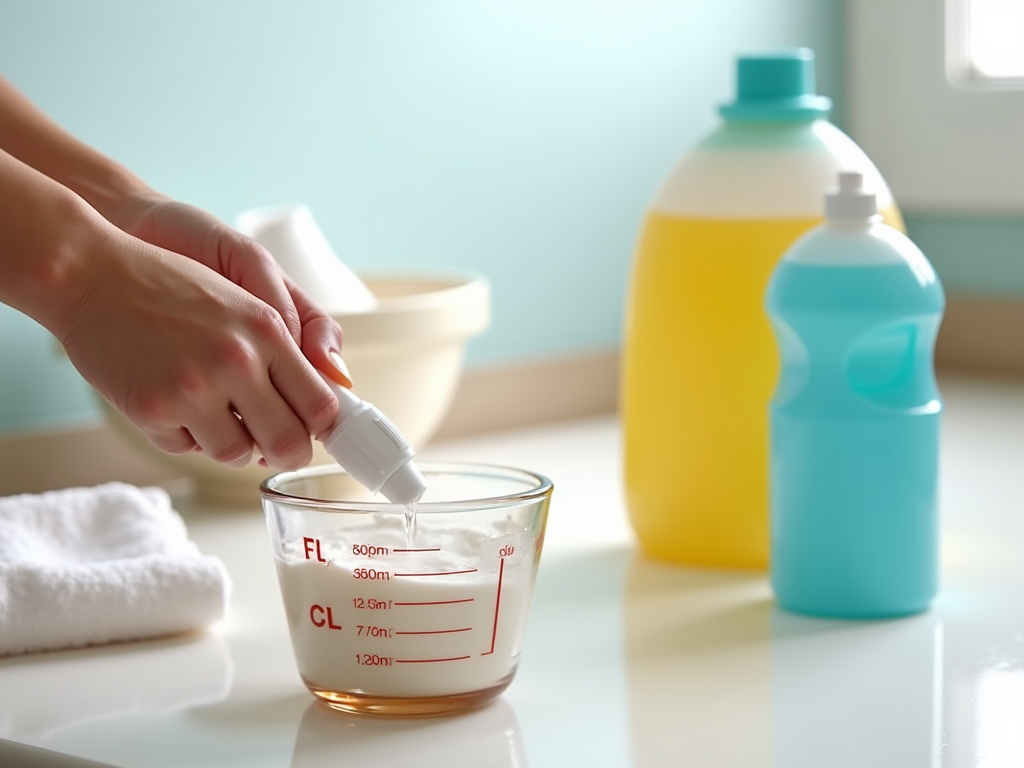 A person measuring liquid detergent into a glass measuring cup in a bright kitchen.