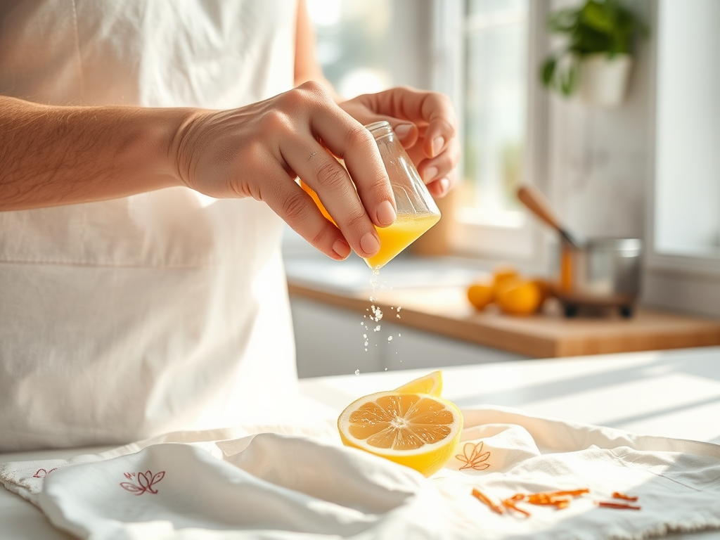 A person squeezes a lemon half over a small jar while salt is sprinkled on a towel in a bright kitchen.