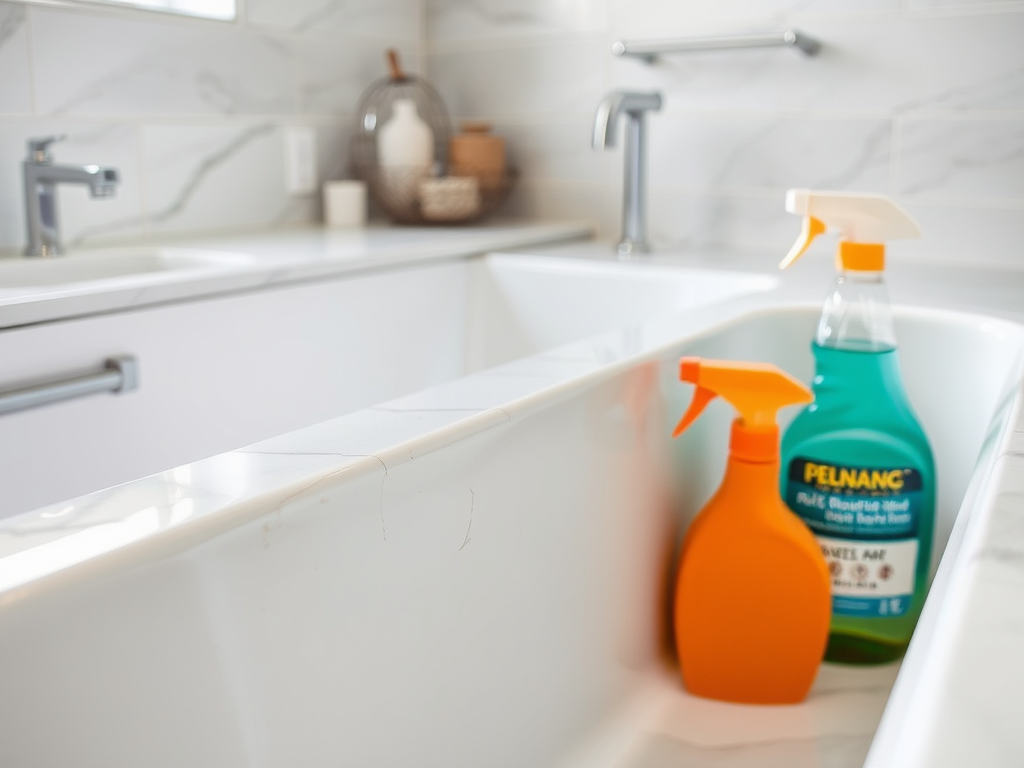 A clean kitchen sink with two spray bottles—one orange and one green—on a marble countertop.