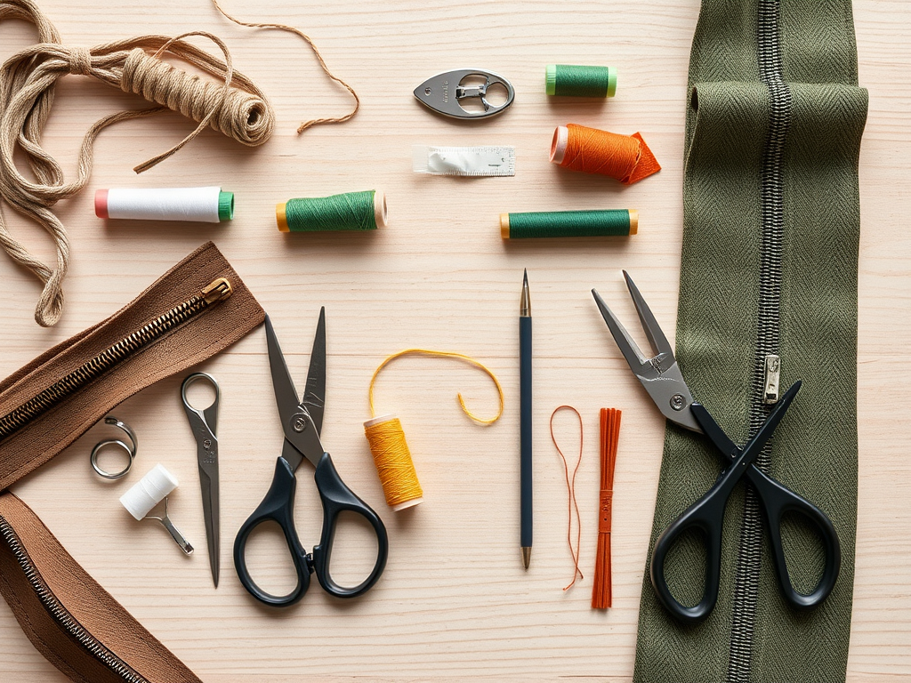 A flat lay of sewing supplies: scissors, threads, a zipper, a pen, and other crafting tools on a wooden surface.