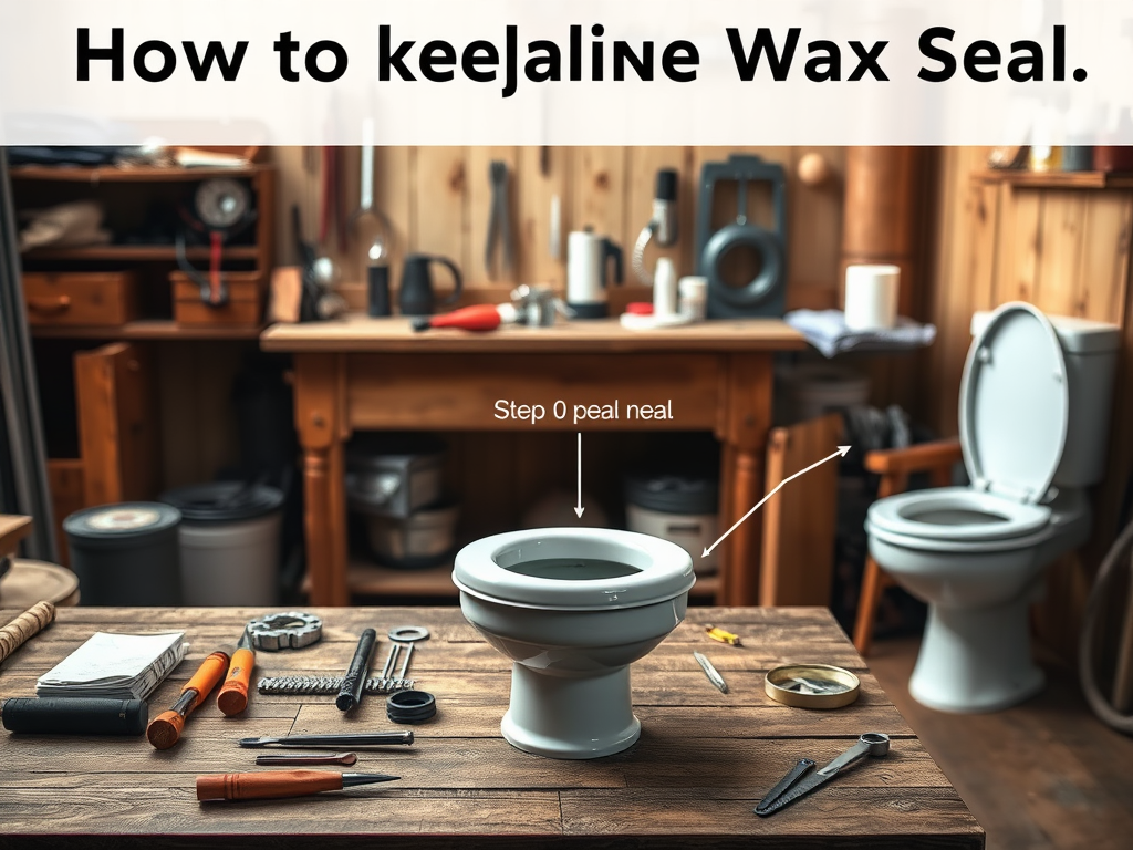 A workbench with tools and a toilet bowl, illustrating steps to maintain a wax seal.