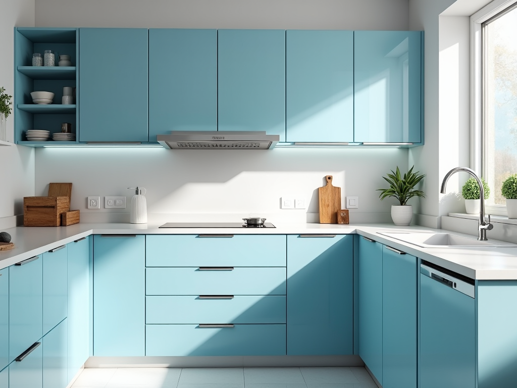 Bright, modern kitchen with teal cabinets, white countertops, and natural light.