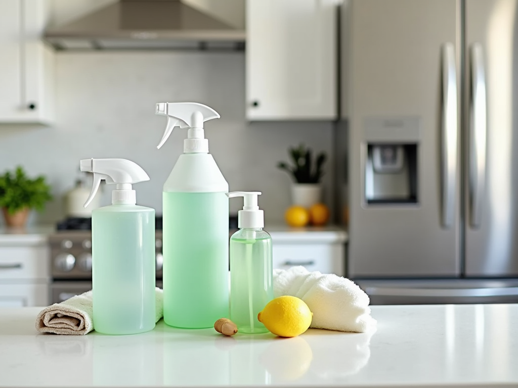 Three cleaning bottles and a towel with lemon on a kitchen counter, modern kitchen background.