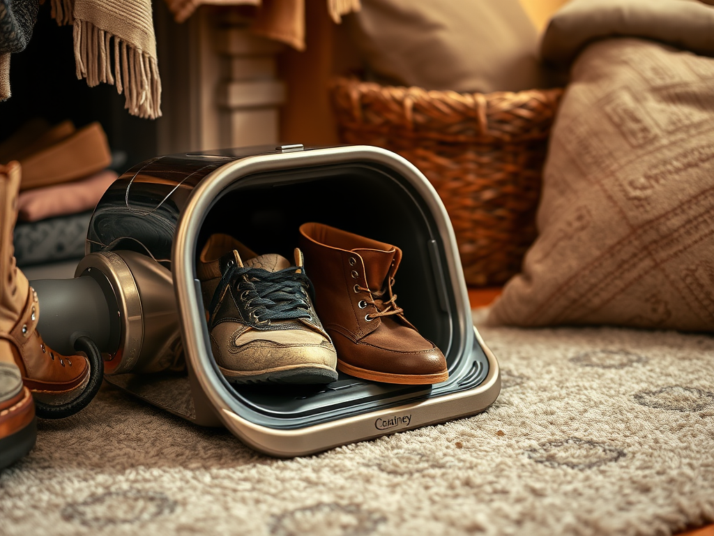 A cozy shoe storage unit holds two pairs of shoes: a brown boot and a sneaker, surrounded by a warm, inviting space.