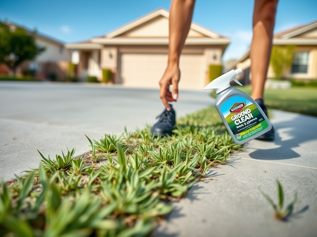 A person is spraying weed killer on unwanted grass growing between concrete slabs in a residential area.