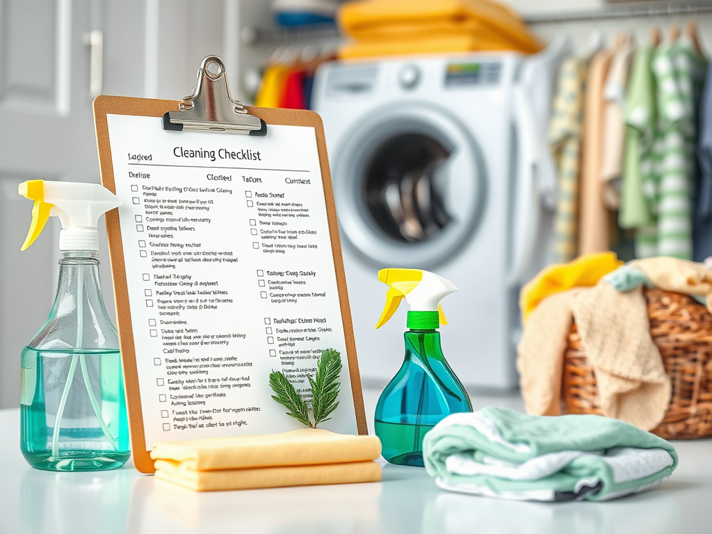 A cleaning checklist on a clipboard next to spray bottles, cloths, and laundry in a bright laundry room.