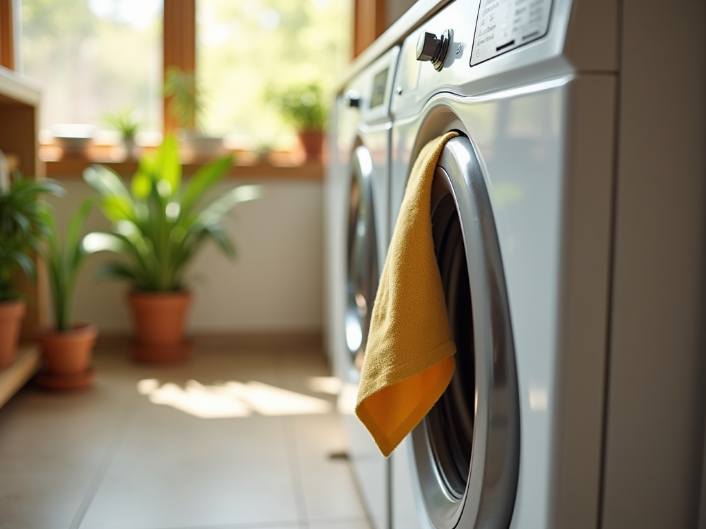 Sunlit laundry room with a yellow towel hanging out from an open washing machine door.