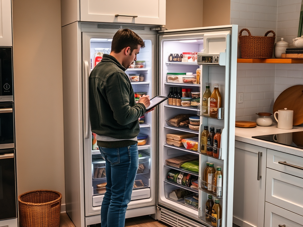 A young man stands by an open fridge, checking items on a tablet in a modern kitchen.