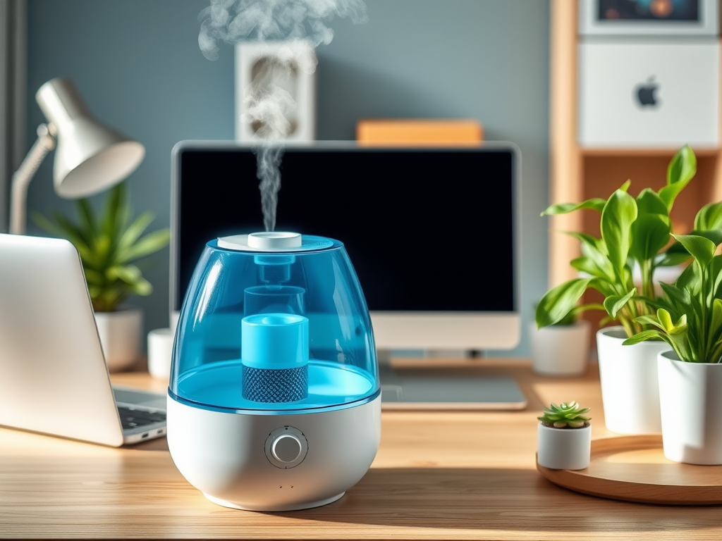 A blue humidifier emits steam, placed on a wooden desk with a laptop and potted plants in a cozy workspace.