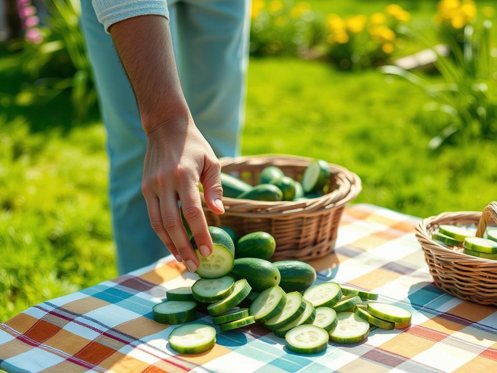 A person is slicing cucumbers on a checkered tablecloth, with baskets of whole cucumbers nearby in a sunny garden.
