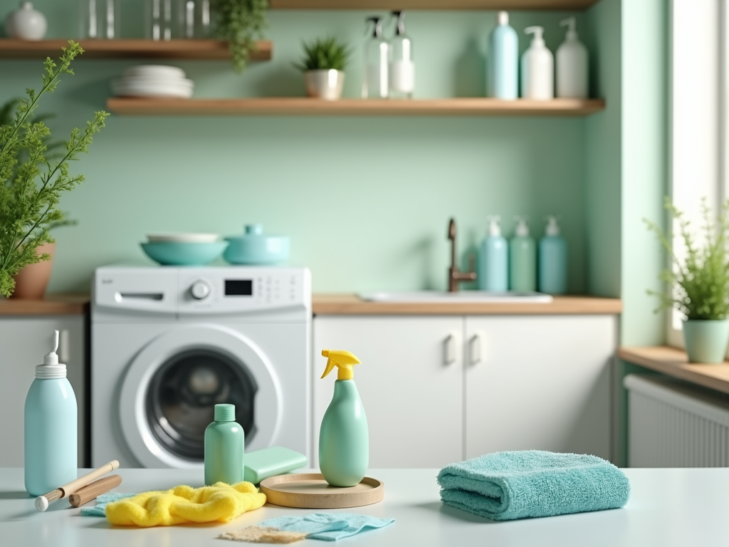 Laundry room featuring a washing machine, green shelves, and turquoise cleaning supplies.