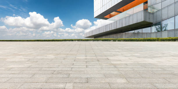 Clean brick pavers outside a modern building with a clear blue sky and lush greenery in the background.