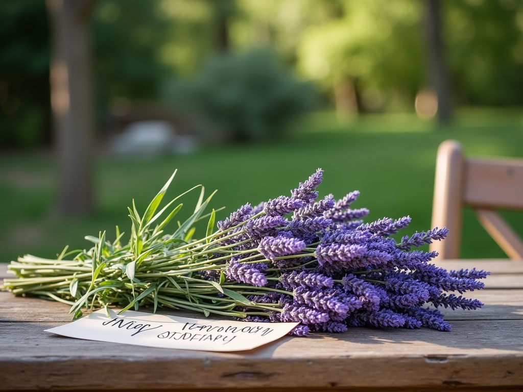 Lavender and rosemary bouquet on a wooden table with a paper tag, outdoor setting.