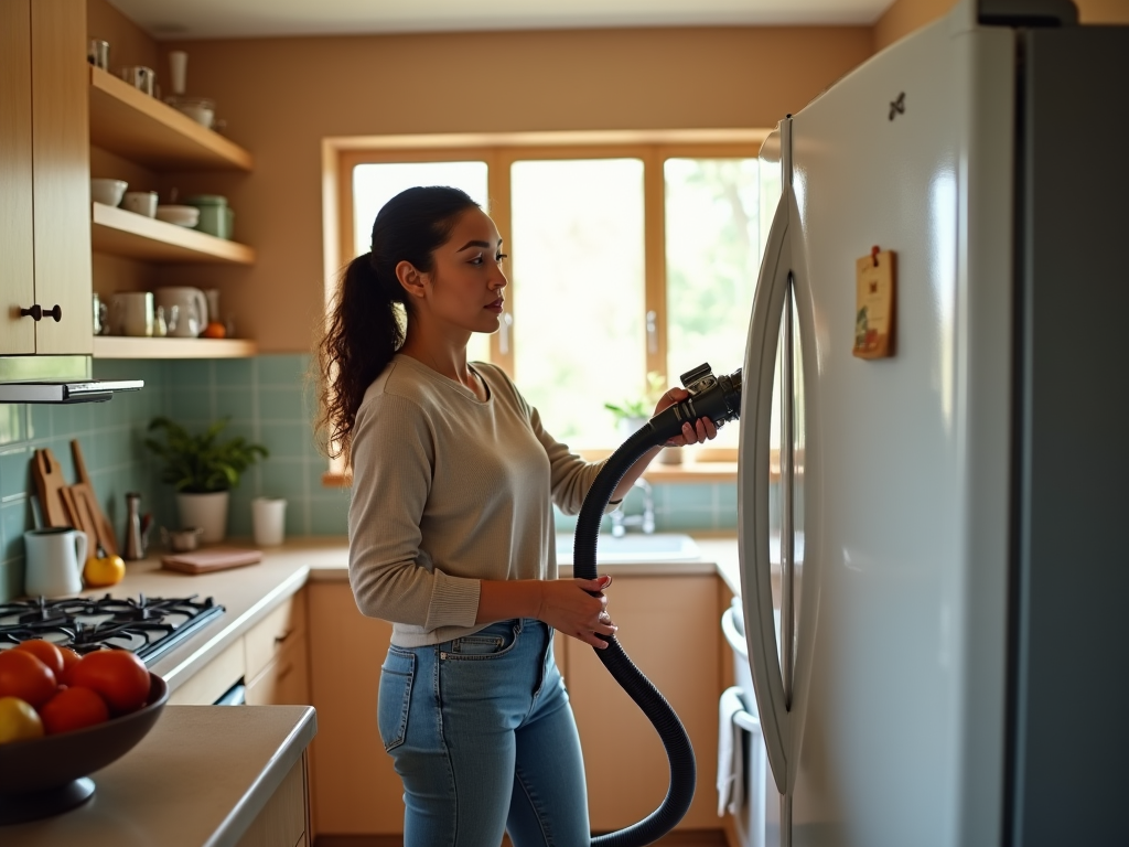 Woman cleaning her fridge with a vacuum cleaner in a sunny kitchen.