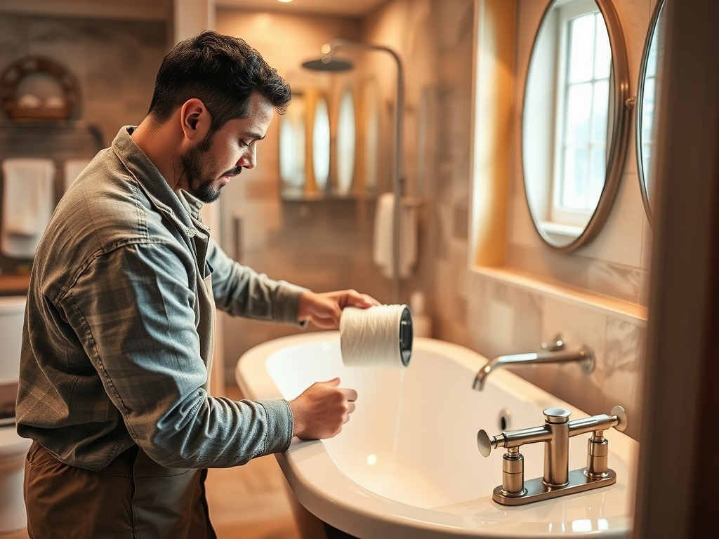 A man prepares to paint a bathroom sink in a stylish, well-lit bathroom with modern fixtures.