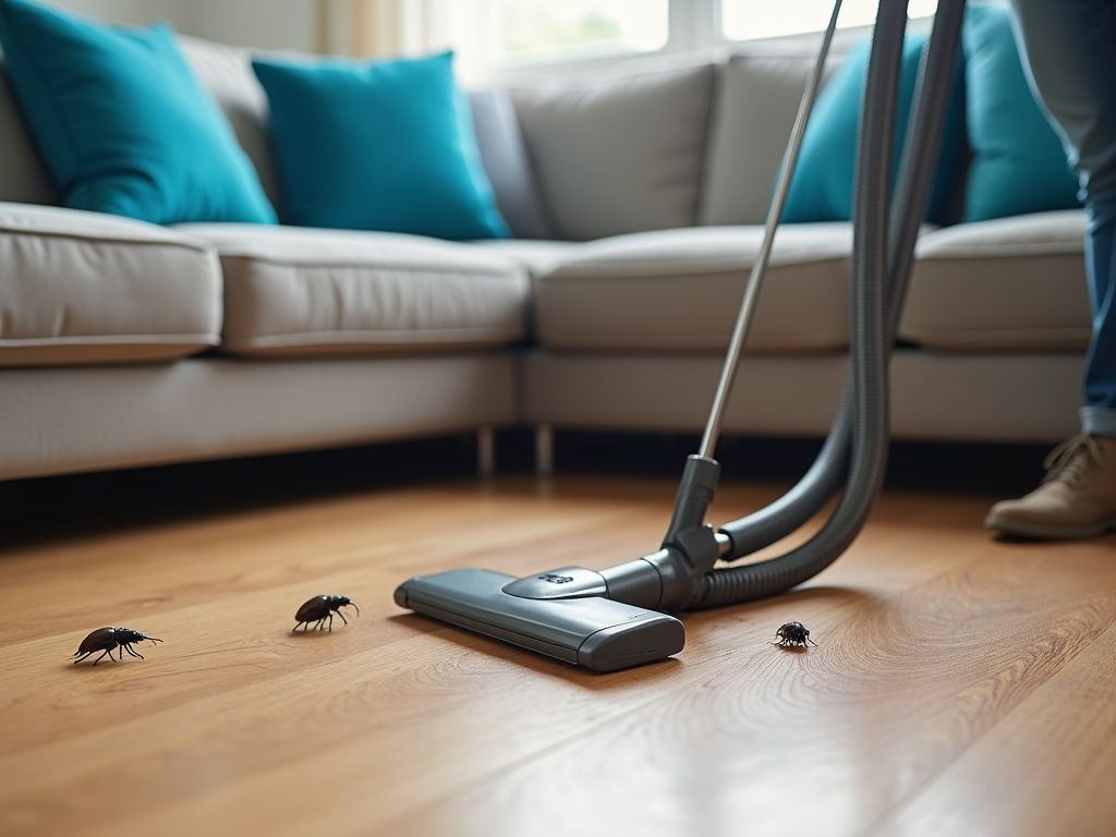 Person using a vacuum cleaner on a hardwood floor near sofa with beetles in the foreground.