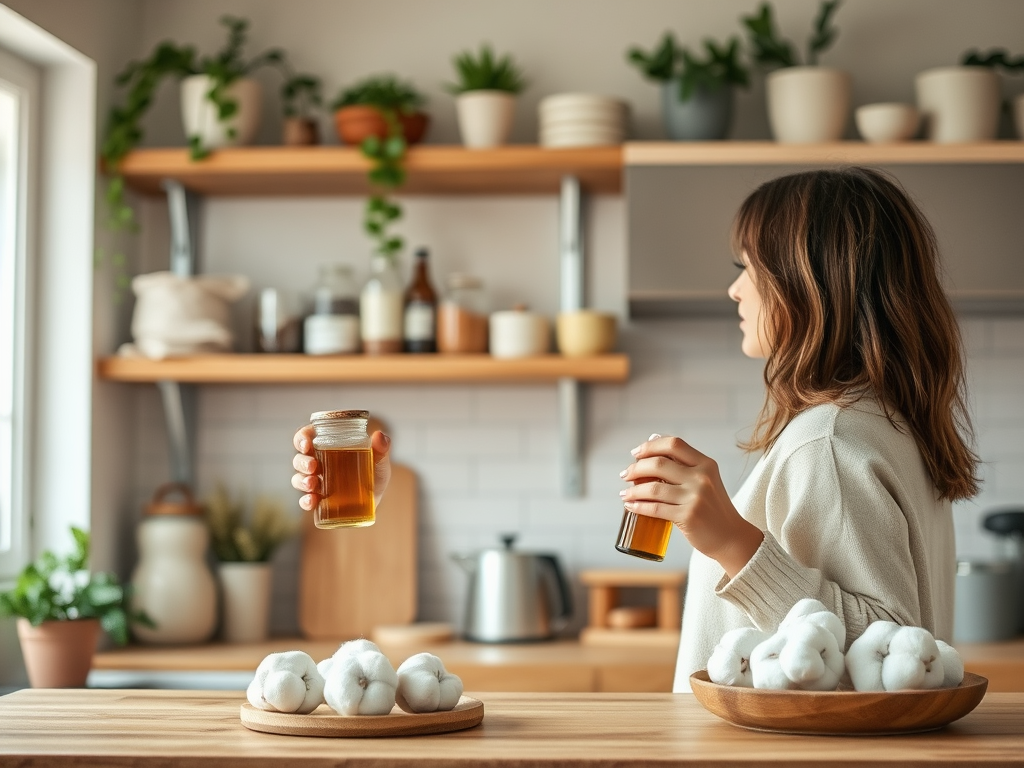 A woman in a cozy kitchen holds two jars of liquid, surrounded by cotton and plants on wooden shelves.