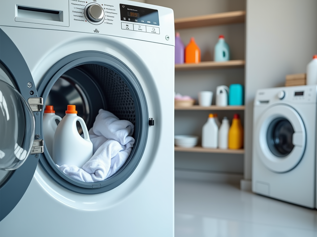 Modern laundry room with an open washing machine filled with towels and detergent.