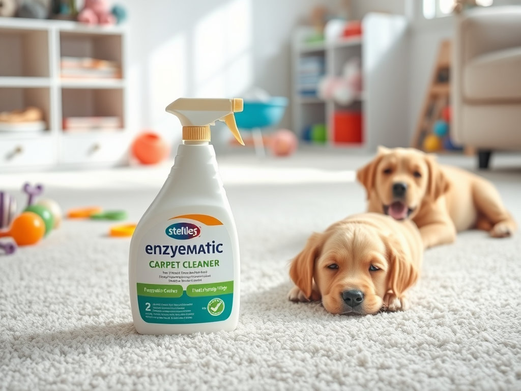 A bottle of enzymatic carpet cleaner sits on a soft carpet, with two playful puppies relaxing in the background.