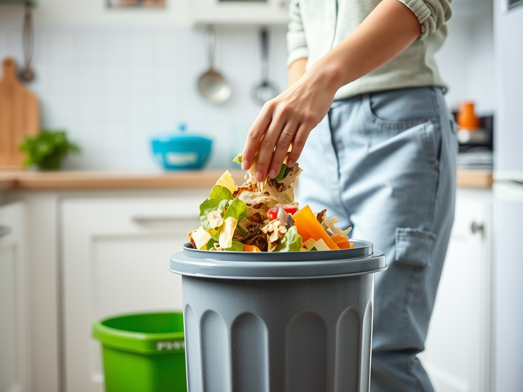 A person disposes of food scraps into a gray trash can in a bright kitchen, with a green bin nearby.