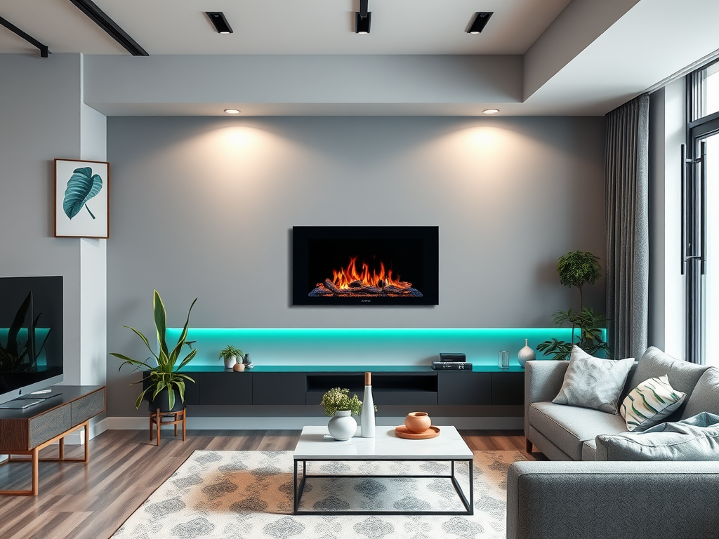 A modern living room featuring a faux fireplace on the wall, plants, and stylish furniture.