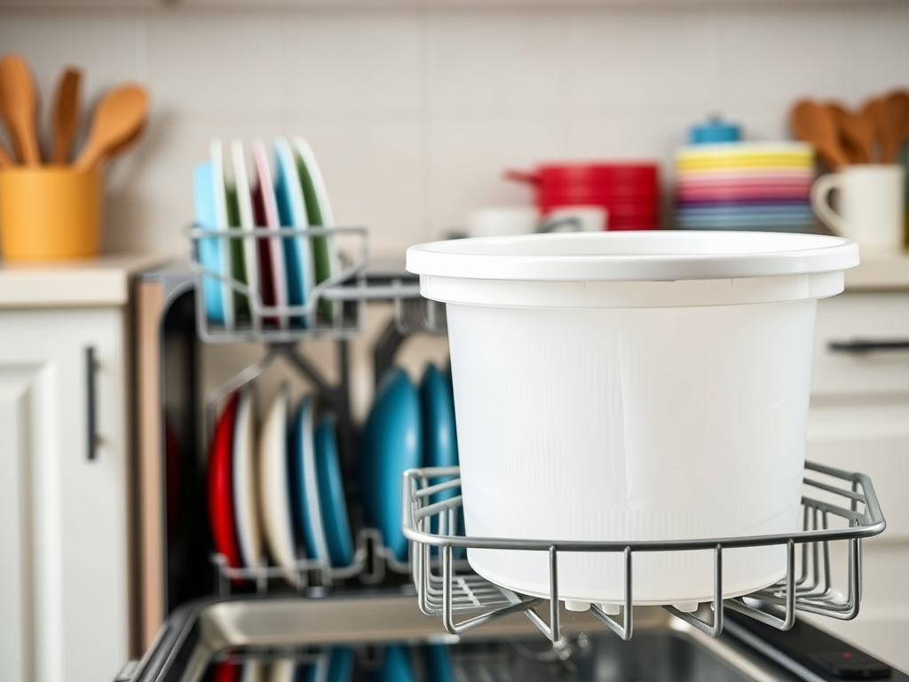 A white bucket sits in a dishwasher rack, with colorful plates and kitchen items visible in the background.