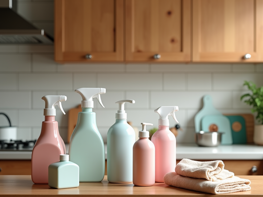 Assorted pastel-colored cleaning spray bottles on a kitchen counter with a towel.