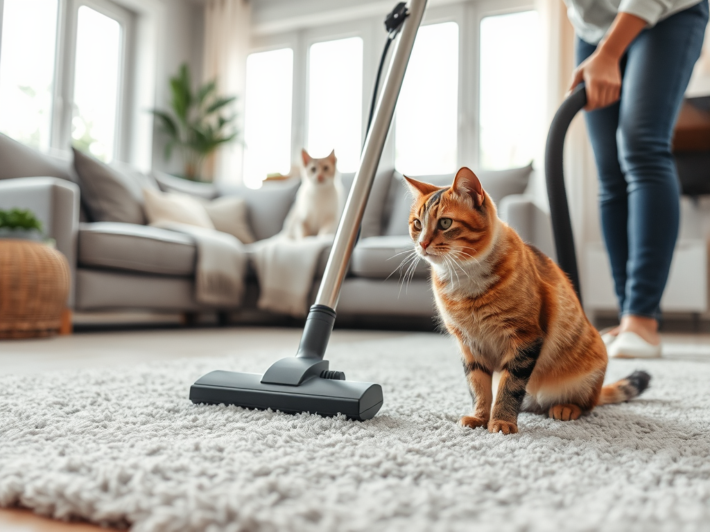 A person vacuums a living room while an orange cat curiously watches from the fluffy rug.