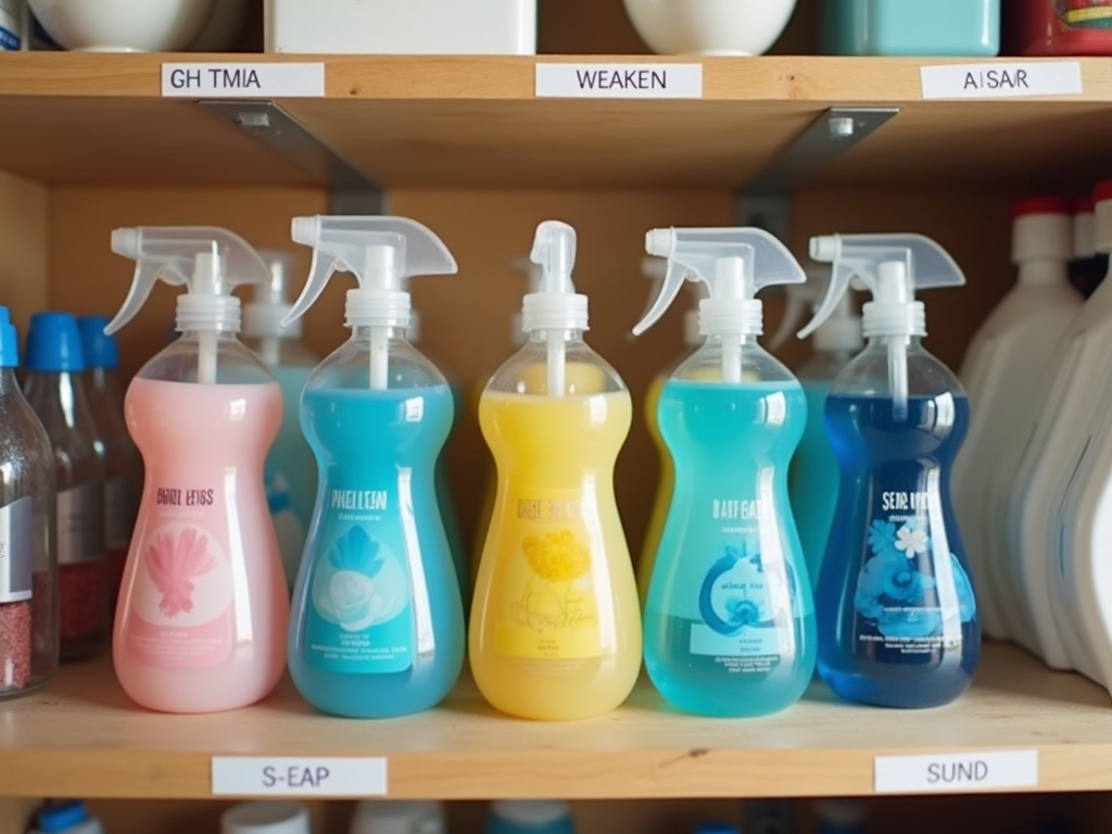 Shelf stocked with colorful cleaning spray bottles in pink, yellow, and blue, labeled with different floral designs.