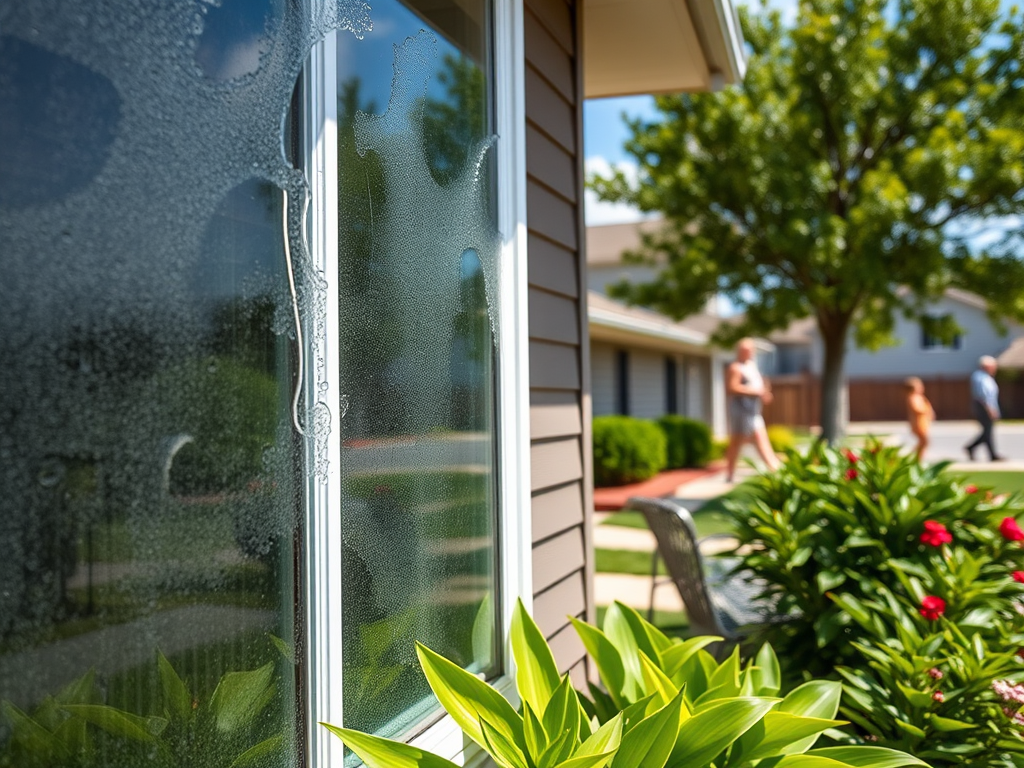 Droplets cling to a windowpane, with a blurred view of people walking and vibrant greenery outside.