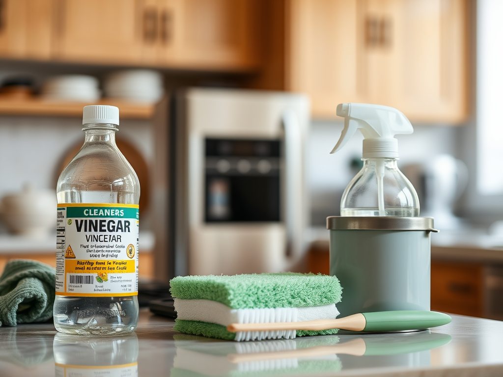 A bottle of vinegar and a spray bottle, alongside scrubbing brushes and cleaning cloths on a kitchen countertop.