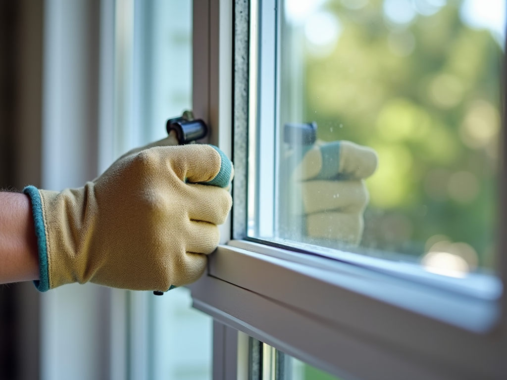 A person in gloves opening a window, revealing a sunny green garden outside.