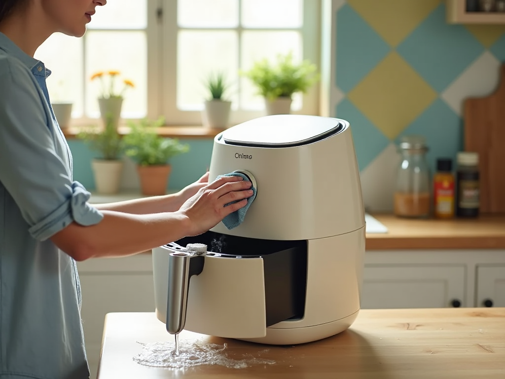 Woman cleaning a modern white air fryer in a sunny, colorful kitchen.