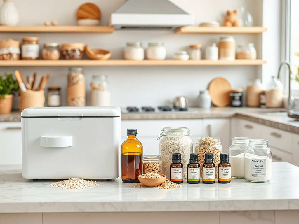 A kitchen counter displays a white container, bottles of oils, grains, and jars with ingredients, creating a cozy atmosphere.