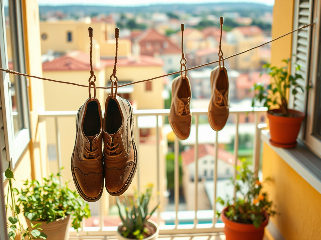A sunny balcony with brown shoes hanging from a wire, surrounded by potted plants and a colorful city view.