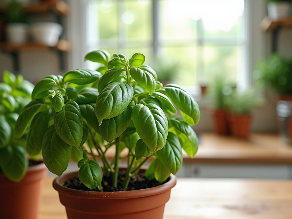 Lush basil plant in a pot on a kitchen table, with other plants and window in background.