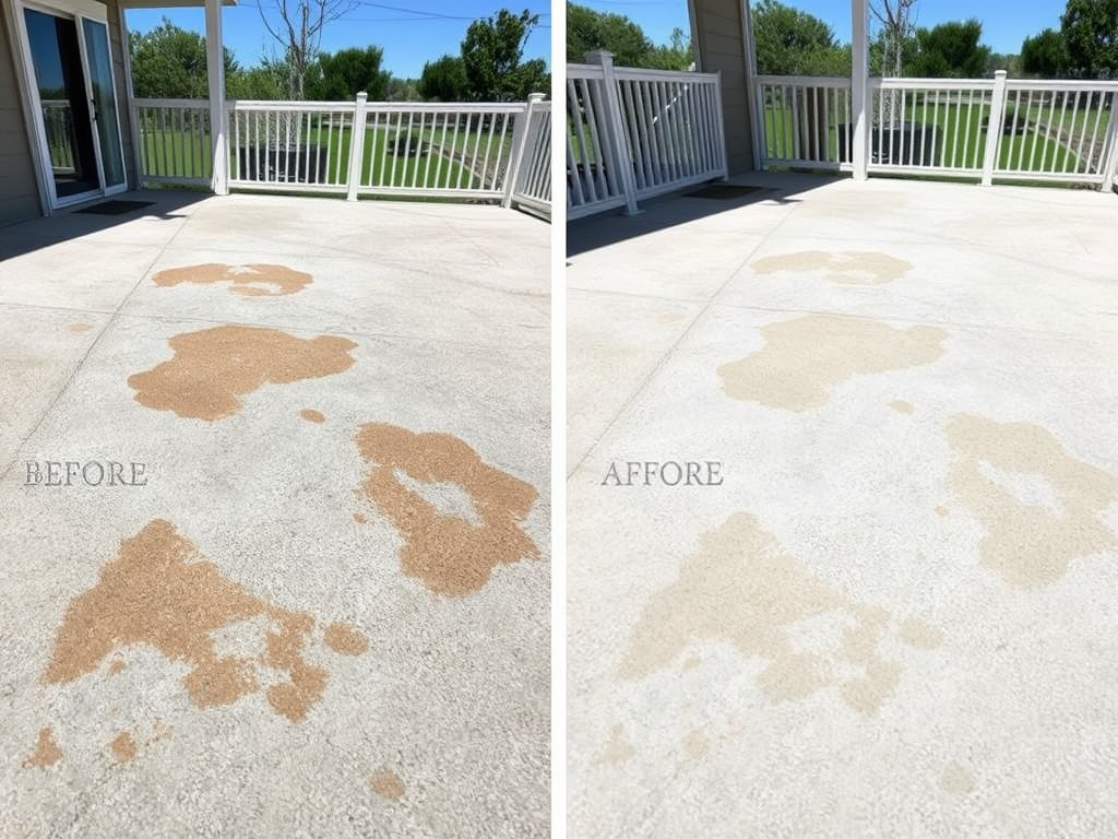 Before and after comparison of a patio's concrete surface, showing improved cleanliness and less staining.