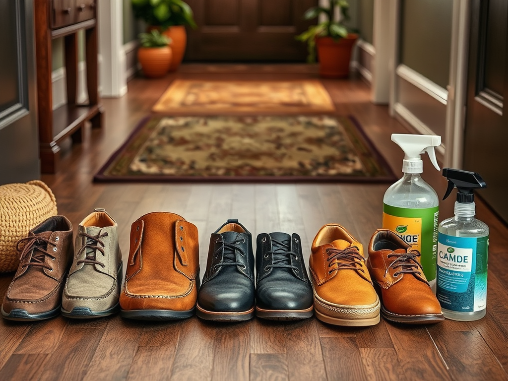 A row of various shoes on a wooden floor, alongside two cleaning products in spray bottles.