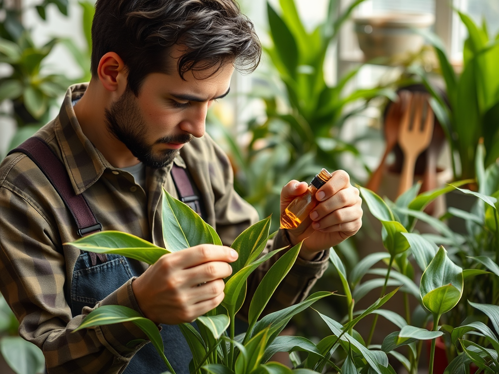 A man inspects a plant leaf while holding a small bottle of liquid, surrounded by lush greenery indoors.