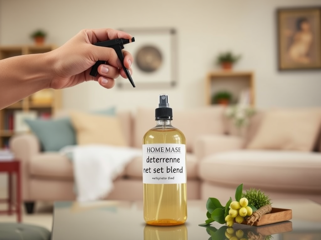 A hand spraying a bottle labeled "Home Mase" with a natural fragrance in a cozy living room setting.