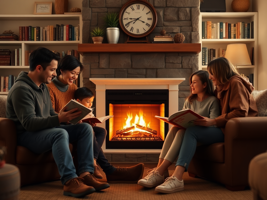 A family enjoys reading by a cozy fireplace, surrounded by books and warm decor, sharing moments of joy together.