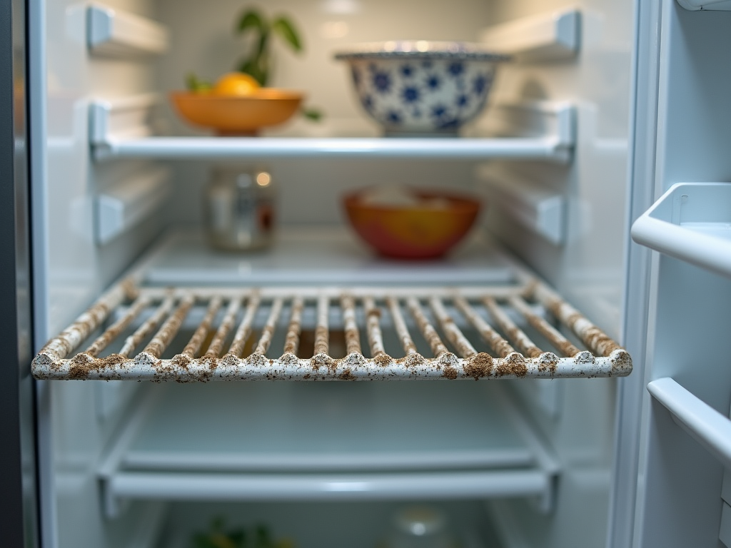 Open refrigerator showing a dirty shelf in focus, with bowls of fruit in the background.