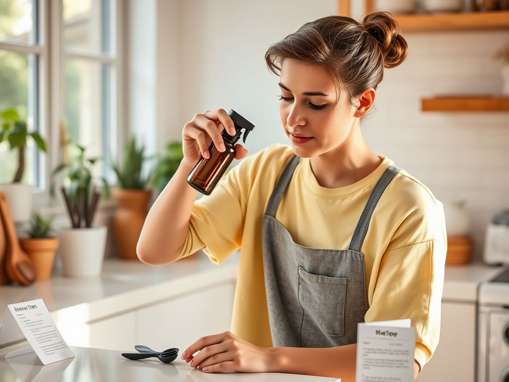 A woman in a yellow shirt and gray apron is using a spray bottle in a bright kitchen with plants.