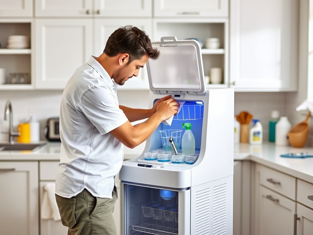 A person is filling cups with ice from a refrigerator in a modern kitchen, surrounded by appliances and utensils.