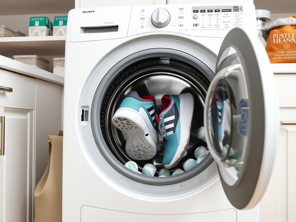 A white washing machine with a pair of blue athletic shoes inside, surrounded by laundry pods.