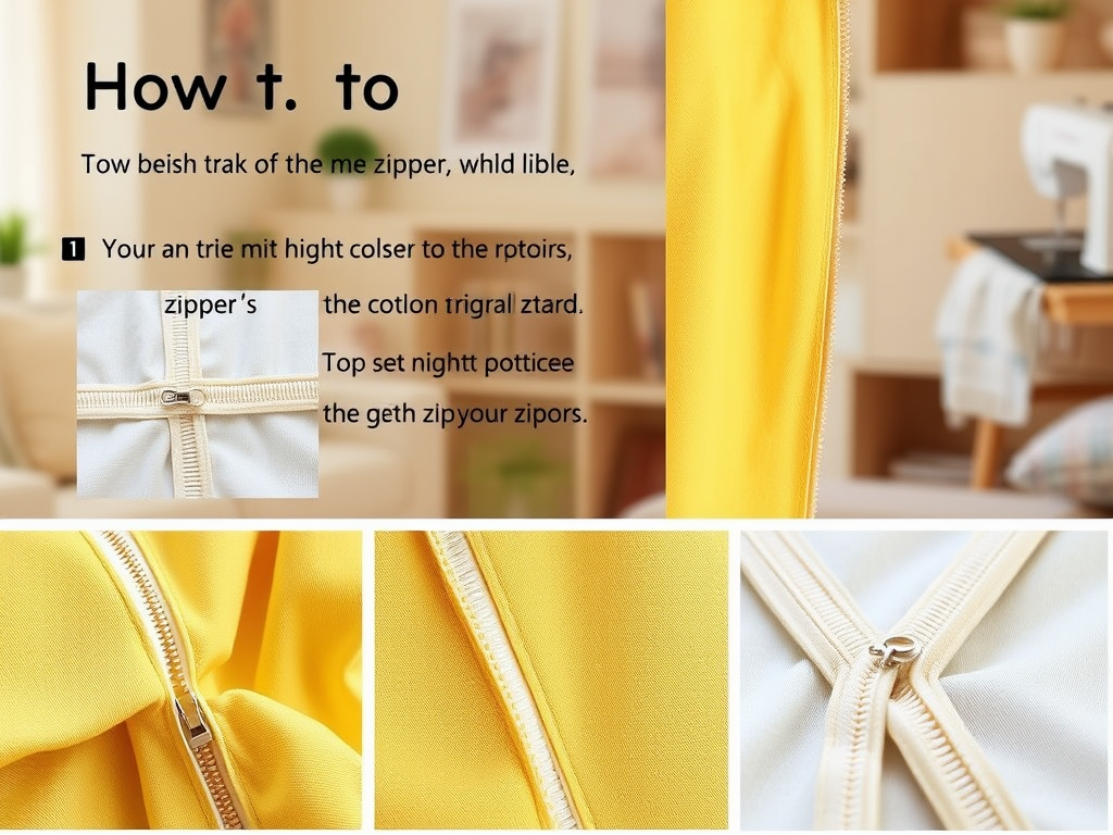 Instructions for using a zipper, featuring tips and images of different zipper components on a yellow fabric.