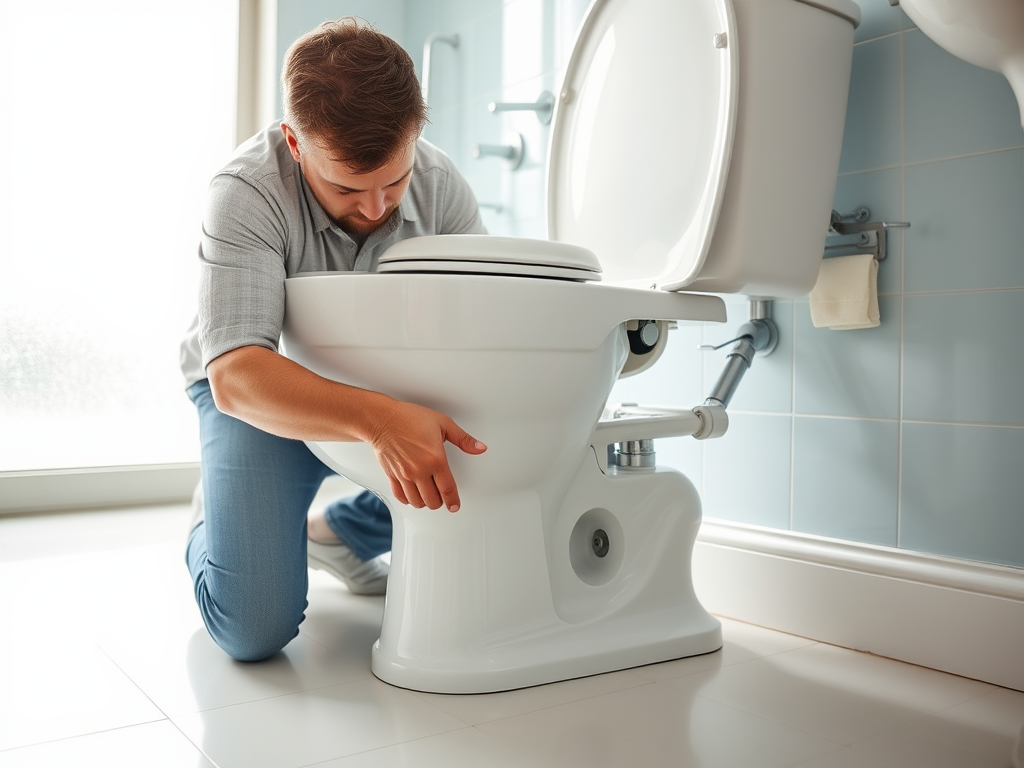 A man kneels beside a toilet, inspecting or fixing it in a bright, modern bathroom.