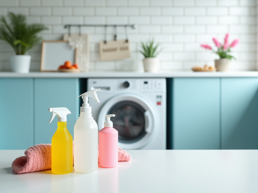 Three cleaning spray bottles on a kitchen counter with a washing machine in the background.