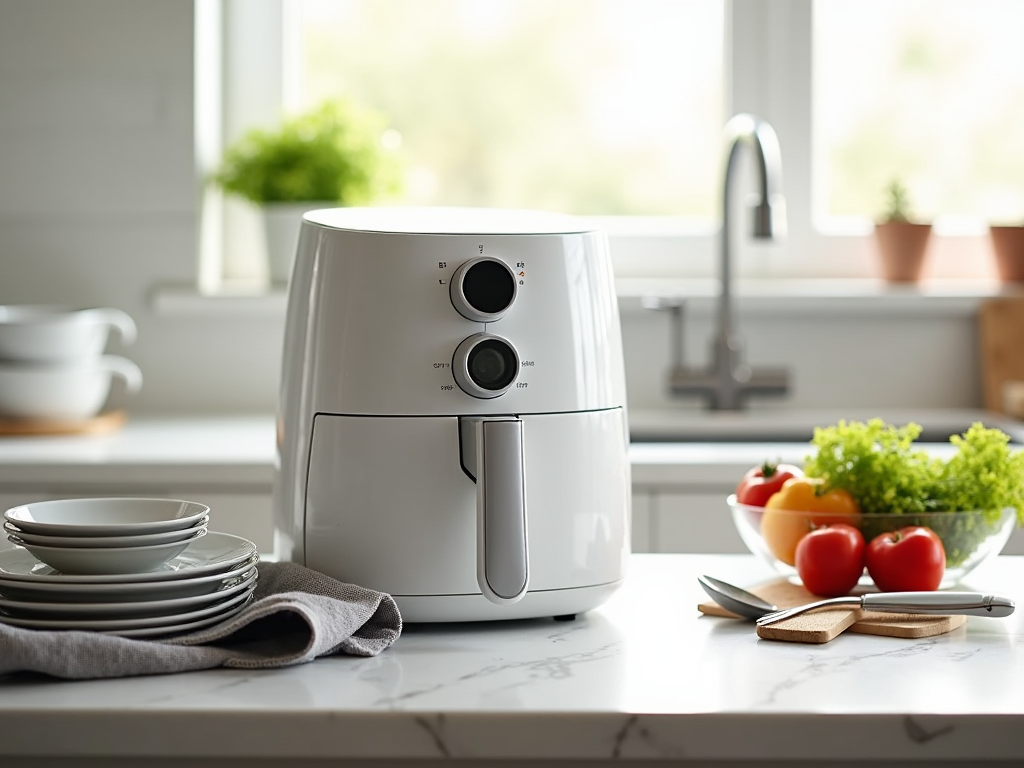 Modern white air fryer in a sunny kitchen, flanked by stacked dishes and a bowl of fresh vegetables.