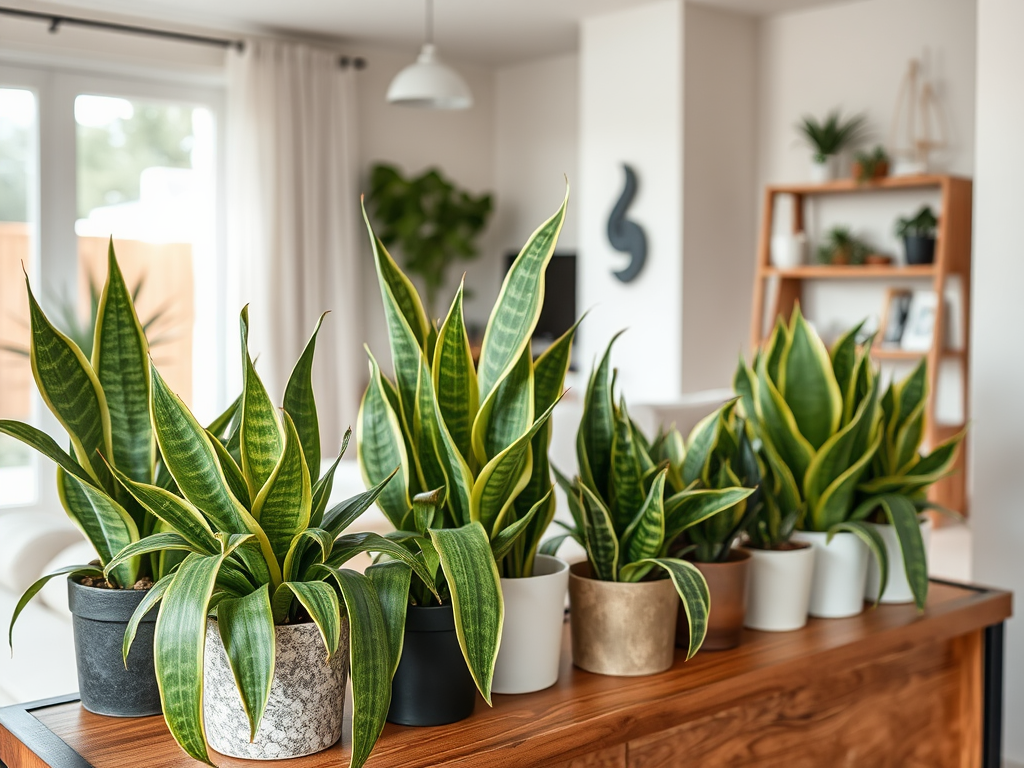 A row of vibrant snake plants in various pots on a wooden table in a bright, modern living space.